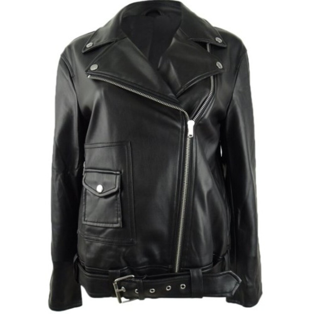 Bar III Women's Black Faux-Leather Moto Jacket Belted Women's Size XL